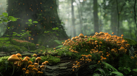 A serene forest scene with mushrooms growing in clusters on a mossy log.の素材