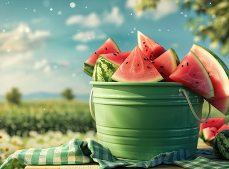 A grass green bucket filled with juicy watermelon slices sits on a picnic table, with a summer landscape in the background.の素材
