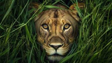 Top view of a lioness hiding in tall grass, only her eyes and ears visible, stalking unseen preyの素材