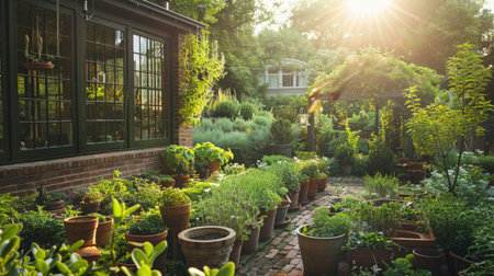 A garden house with a lush herb garden, showcasing a variety of culinary herbs.の素材