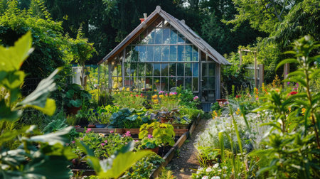 A garden house with a greenhouse attached, surrounded by a lush garden full of thriving plants.の素材