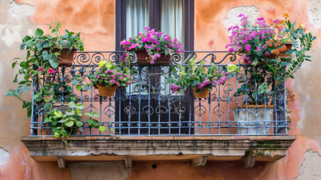 A balcony with wrought iron railings adorned with hanging flower pots and trailing plants.の素材