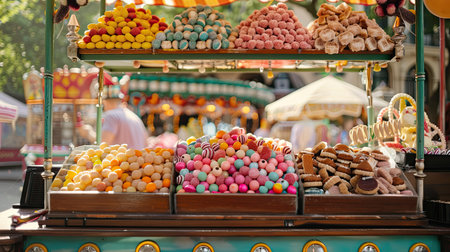A beautiful candy cart at a fair, filled with an array of sweets and treats, brightly colored and inviting.の素材