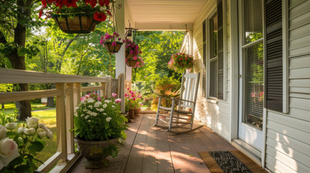 A beautifully decorated front porch with hanging flower pots and a rocking chair.の素材