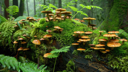 A beautiful arrangement of mushrooms growing on a fallen tree, surrounded by moss and ferns.の素材