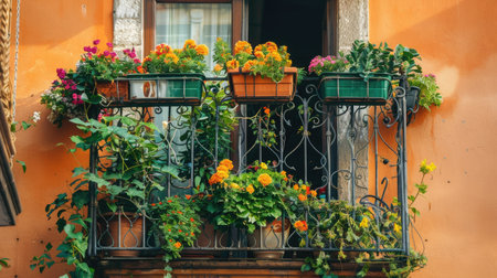 A balcony with wrought iron railings adorned with hanging flower pots and trailing plants.の素材