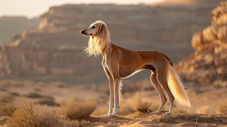 A beautiful Saluki with its elegant, slender build, standing gracefully in a desert landscape.の素材