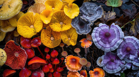 A beautiful array of colorful mushrooms, including red, yellow, and purple varieties, in a forest setting.の素材