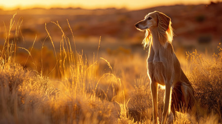 A beautiful Saluki with its elegant, slender build, standing gracefully in a desert landscape.の素材
