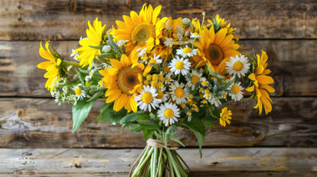 A beautifully arranged bouquet of sunflowers and daisies, set against a rustic wooden background for a warm, inviting look.の素材