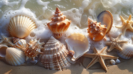 A beautiful arrangement of seashells with varied shapes and textures, artistically displayed on a beach with gentle waves.の素材