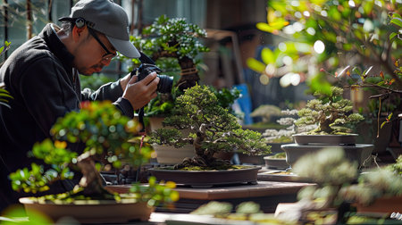 A bonsai enthusiast photographing their collection, capturing the intricate beauty of each bonsai tree.の素材
