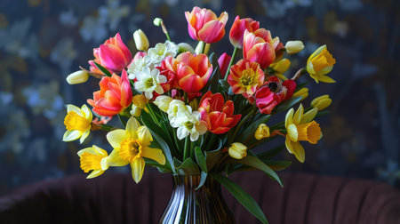 A beautiful arrangement of mixed spring flowers, including tulips and daffodils, in a stylish, contemporary vase.の素材