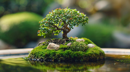 A bonsai tree surrounded by moss and small rocks, creating a miniature landscape in a decorative pot.の素材