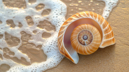 A beautiful seashell with a perfect spiral shape, elegantly positioned on a sandy beach with gentle waves in the background.の素材