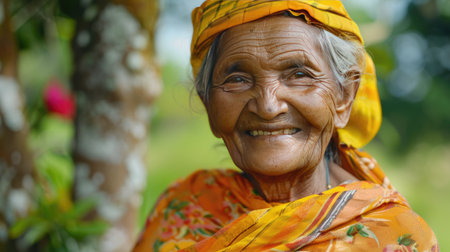 A beautiful old woman with a joyful smile, her face radiant with happiness.の素材