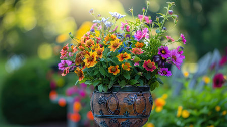 A beautiful floral arrangement in a handcrafted flower pot, set against a vibrant garden backdrop.の素材