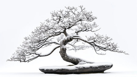 A bonsai tree in winter, its bare branches covered in a light dusting of snow, standing out against a white background.の素材