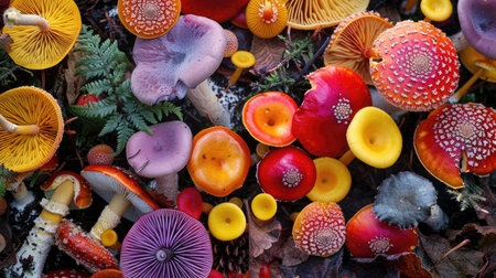 A beautiful array of colorful mushrooms, including red, yellow, and purple varieties, in a forest setting.の素材