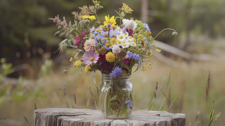 A beautiful bouquet of mixed wildflowers, arranged in a rustic mason jar and set against a natural backdrop.の素材