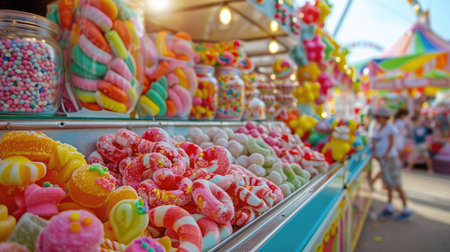 A beautiful candy cart at a fair, filled with an array of sweets and treats, brightly colored and inviting.の素材