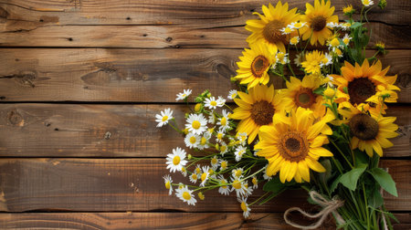 A beautifully arranged bouquet of sunflowers and daisies, set against a rustic wooden background for a warm, inviting look.の素材