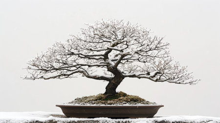 A bonsai tree in winter, its bare branches covered in a light dusting of snow, set against a serene white background.の素材