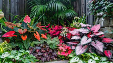 A beautifully designed garden corner with a mix of Caladium plants and other vibrant foliage.の素材