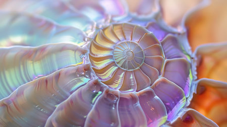 A beautiful close-up of a nautilus shell, showcasing its stunning spiral shape and natural iridescence.の素材