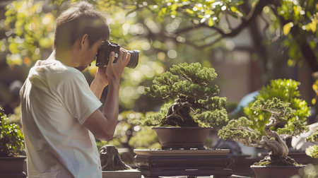 A bonsai enthusiast photographing their collection, capturing the intricate beauty of each bonsai tree.の素材