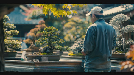 A bonsai enthusiast photographing their collection of bonsai trees, capturing the intricate details of each one.の素材