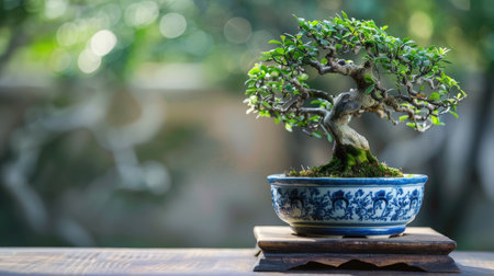 A bonsai tree in a traditional blue and white porcelain pot, placed on an antique wooden stand.の素材