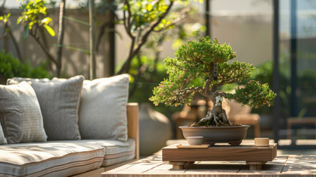 A bonsai tree displayed in an outdoor patio, creating a peaceful and natural focal point in the space.の素材
