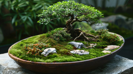 A bonsai tree surrounded by moss and small stones, creating a miniature landscape scene in a traditional pot.の素材