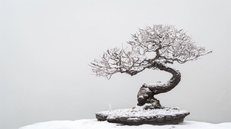 A bonsai tree in winter, its bare branches covered in a light dusting of snow, standing out against a white background.の素材