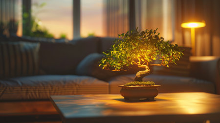 A bonsai tree illuminated by soft, warm lighting in a cozy living room, creating a serene and peaceful atmosphere.の素材