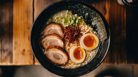Top view of a ramen bowl with tonkotsu broth, ramen noodles, and a variety of toppings like chashu pork and nori.の素材