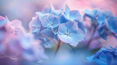 Artistic shot of blue hydrangea flowers with a soft-focus effect, highlighting their vivid hues and delicate formの素材