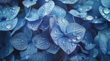 Close-up of vibrant blue hydrangea petals with a touch of morning dew, emphasizing their freshness and natural beautyの素材