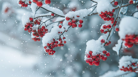 A close-up of snow-capped berries on a bush, adding a pop of color to the white landscape.の素材