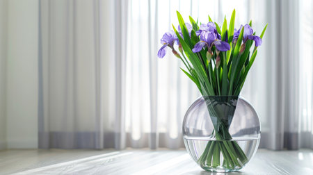 Modern glass vase with a sleek silhouette, holding a fresh mix of purple irises and green leavesの素材