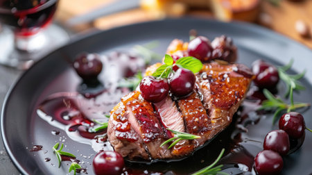 Savory duck breast with a cherry glaze, served with a glass of pinot noirの素材