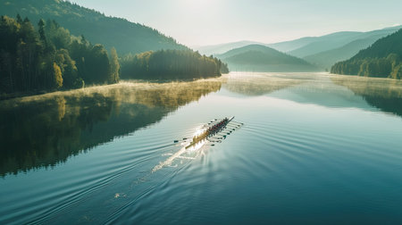 Rowing team synchronizing their strokes on a calm lakeの素材