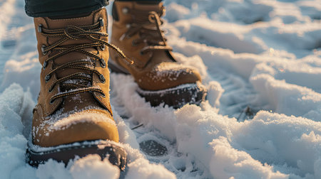 A close-up of winter boots leaving footprints in the freshly fallen snow.の素材