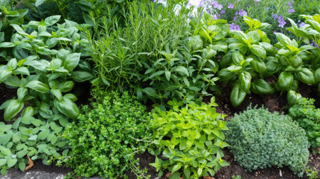 A vegetable plot with a variety of herbs, including basil, thyme, and rosemary, growing in small sections.の素材