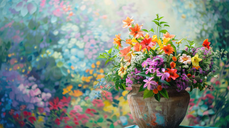 A beautiful floral arrangement in a handcrafted flower pot, set against a vibrant garden backdrop.の素材