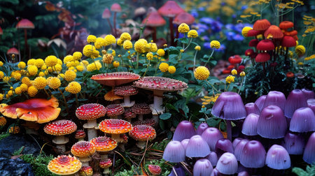 A beautiful array of colorful mushrooms, including red, yellow, and purple varieties, in a forest setting.の素材