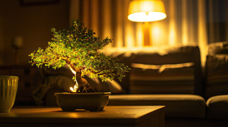 A bonsai tree illuminated by soft, warm lighting in a cozy living room, creating a serene and peaceful atmosphere.の素材