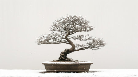 A bonsai tree in winter, its bare branches covered in a light dusting of snow, standing out against a white background.の素材