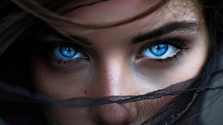 A beautiful face with striking blue eyes, framed by long, dark lashes.の素材